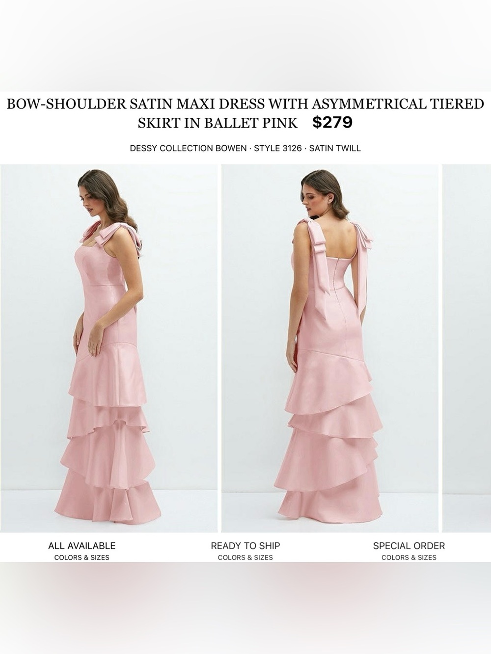 Dessy Collection Ballet Pink Satin One-Shoulder Tiered Maxi Dress